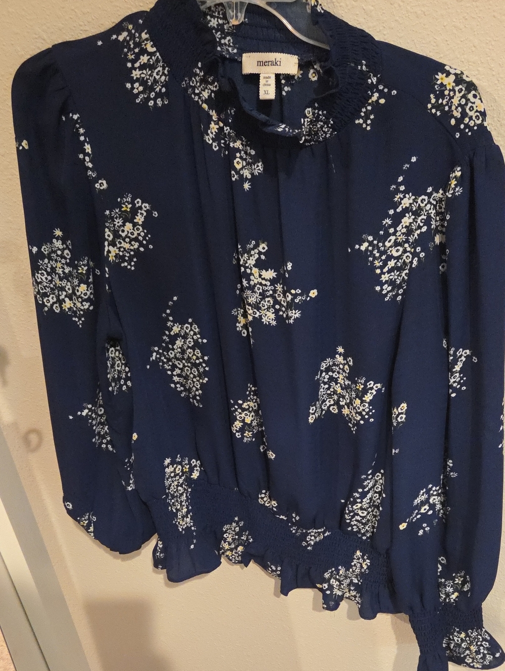 meraki Navy Floral Smocked-Neck Blouse
